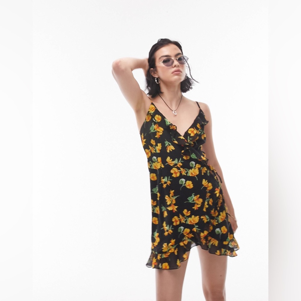 Topshop Black Floral Ruffle Wrap Mini Dress with Yellow Blooms